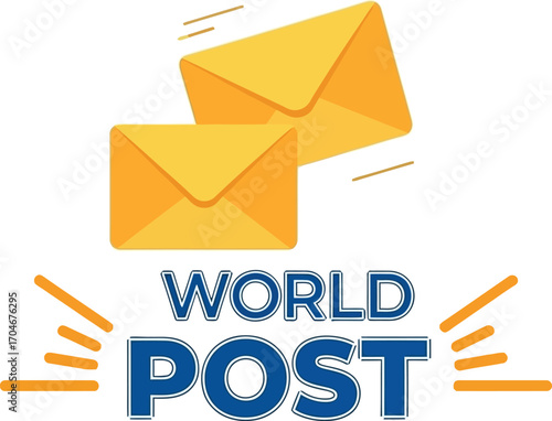 Global mail delivery system concept with flying envelopes and 'World Post' text