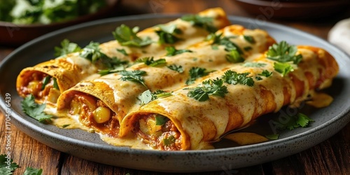 Wallpaper Mural Three enchiladas covered in creamy sauce and garnished with fresh cilantro on a dark ceramic plate with a wooden table background Torontodigital.ca