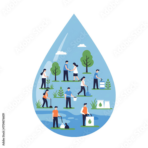 People cleaning environment inside water drop shape, environmental protection concept