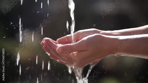 Hands scooping and catching fresh water cascading into cupped hands, cleanliness concept