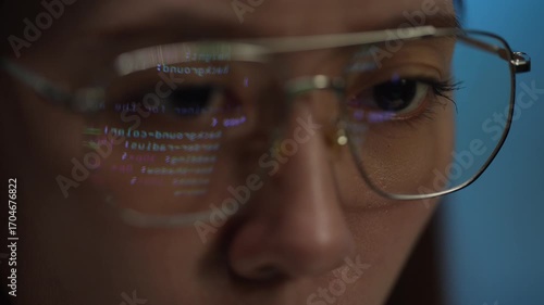 A cybersecurity analyst's glasses reflect a malicious script during a late-night forensic analysis of a network breach, representing data immersion and threat hunting.