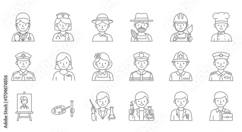 A collection of line art icons representing various professions, including doctor, nurse, farmer, chef, painter, and construction worker.