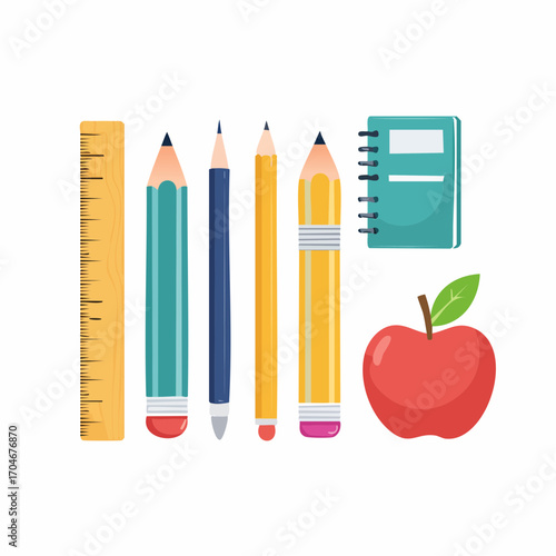 A colorful flat vector illustration set of essential school supplies including pencils, a ruler, a notebook, and an apple arranged for back to school