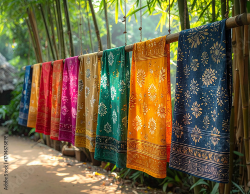 A row of colorful Sri Lankan batik fabrics hanging on a bamboo pole