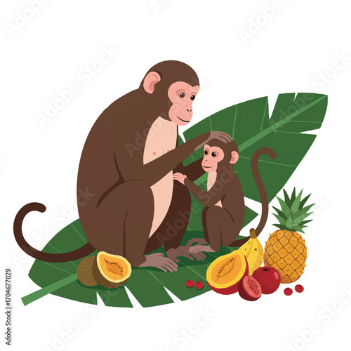 A loving mother monkey gently grooms her baby on a tropical leaf, vibrant exotic fruits nearby, captured in a 2D flat vector illustration with clean outlines and bright colors.