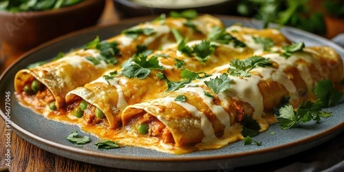 Wallpaper Mural Three rolled enchiladas topped with creamy sauce and fresh cilantro on a gray plate Torontodigital.ca