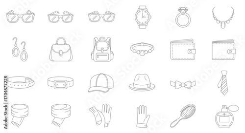 Collection of outline icons depicting various fashion accessories including eyewear, jewelry, bags, hats, belts, and personal care items on a white background.