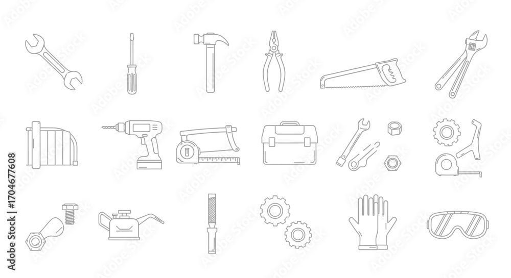 Obraz premium Outlined illustrations of various tools and equipment arranged in a grid, representing repair and construction.