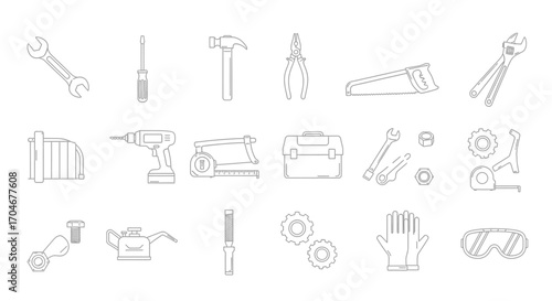 Outlined illustrations of various tools and equipment arranged in a grid, representing repair and construction.