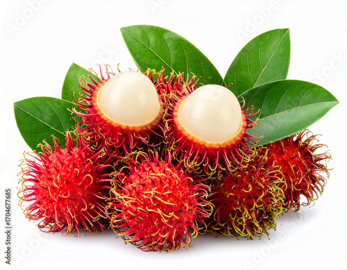 A vibrant cluster of red rambutan fruits with green leaves and two halves showing the white flesh