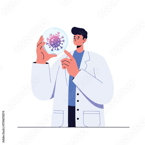 Flat 2D vector illustration of a scientist in a lab coat examining a magnified virus on World Science Day for Peace and Development.
