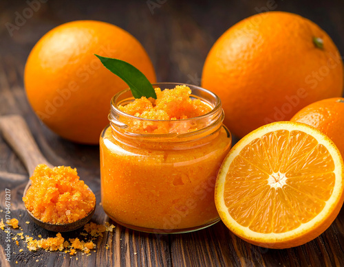 An orange body scrub in a glass jar, with a wooden spoon and fresh oranges