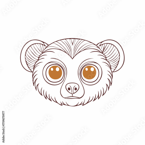 Cute slow loris face with large expressive eyes, a charming animal head illustration in a simple line art style. Adorable primate character design