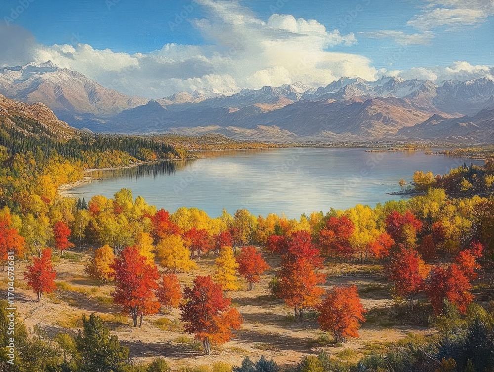 custom made wallpaper toronto digitalSerene autumn landscape with vibrant red, orange, and yellow trees surrounding a calm lake with mountains and blue sky in the background
