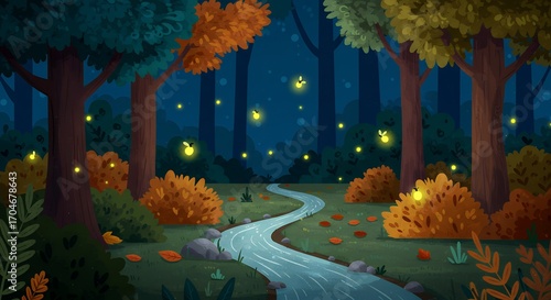 Enchanted forest pathway at night
