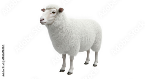 Detailed monochrome studio portrait of a white sheep standing firmly against a contrasting backdrop transparent background