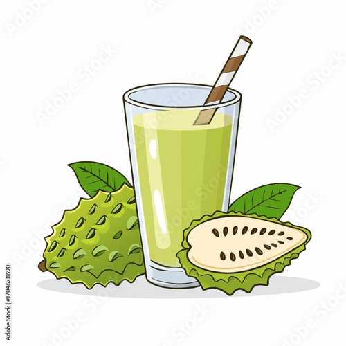 A refreshing glass of soursop juice, also known as graviola or guanabana, with fresh whole and sliced tropical fruit. Vector illustration