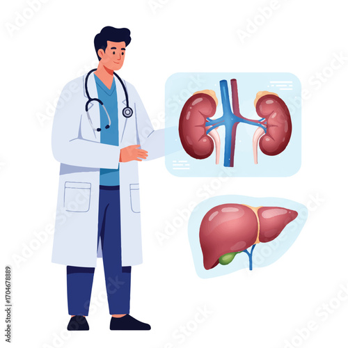 A doctor in a white lab coat explains human organ anatomy with flat 2D vector illustrations of kidneys and liver for World Science Day for Peace and Development in a medical setting.