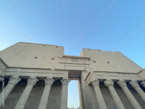 Grand columns and hawk statue stand at the massive temple,Edfu Temple, Egypt, temple, Horus, ancient, historic, landmark
