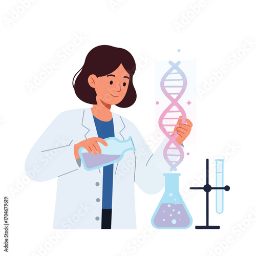 A female scientist in a lab coat examines a DNA sequence next to a beaker on World Science Day for Peace and Development, depicted in a flat 2D vector style.