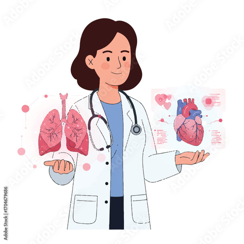 A female doctor in a white coat presents human organ diagrams, including lungs and heart, in a flat 2D vector illustration for World Science Day for Peace and Development.