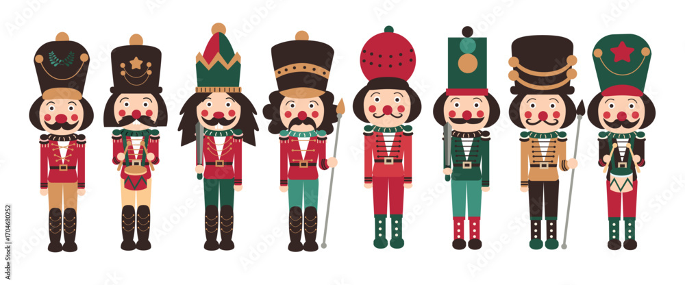 Fototapeta premium Christmas Nutcracker soldier clipart set. Christmas Nutcrackers toy soldier clip art drawing decoration elements collection wearing colorful hat and military costume man with mustache vector