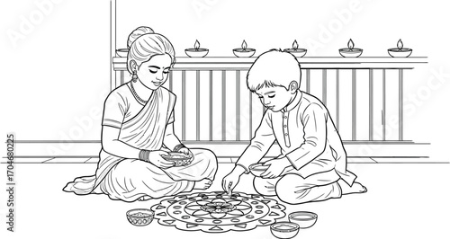 Joyful mother and son creating colorful rangoli with diyas for a festive celebration