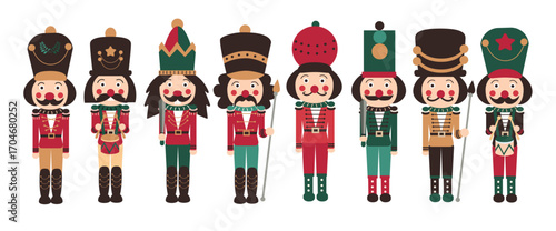 Christmas Nutcracker soldier clipart set. Christmas Nutcrackers toy soldier clip art drawing decoration elements collection wearing colorful hat and military costume man with mustache vector 