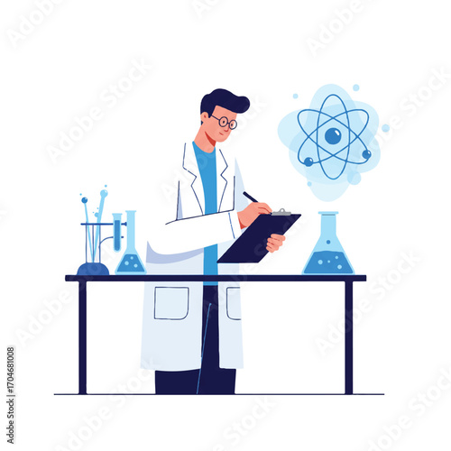 Flat 2D vector illustration of a scientist in a lab coat working at a table with science equipment and an atom symbol, representing World Science Day for Peace and Development.