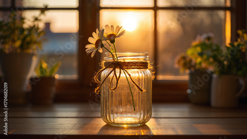 Find a quiet moment of calm and simple beauty with this elegant daisy, glowing in the soft, warm light of a window.