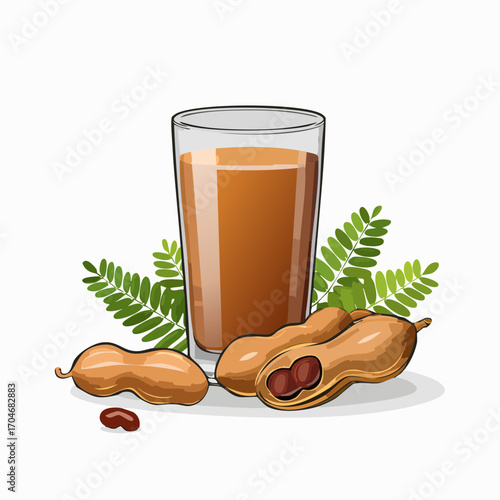 Cool glass of sweet and sour tamarind drink, made from fresh tropical fruit pulp, shown with whole pods and leaves in a detailed vector illustration