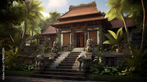 Exotic temple nestled amidst lush foliage, showcasing ornate carvings and serene architecture