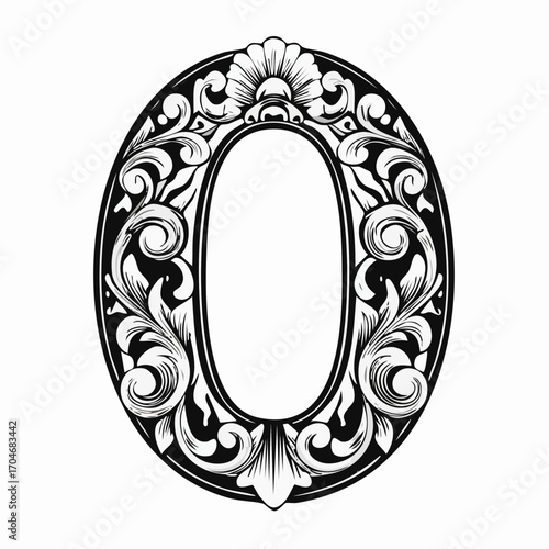 Number zero with 3d bevel classic ornaments, engraving, and linocut style illustration
