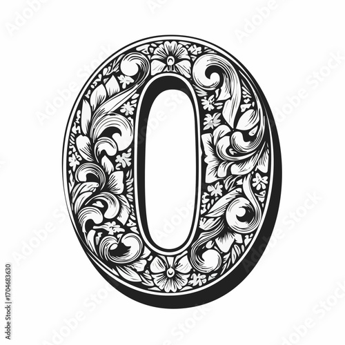 Number zero with 3d bevel classic ornaments, engraving, and linocut style illustration