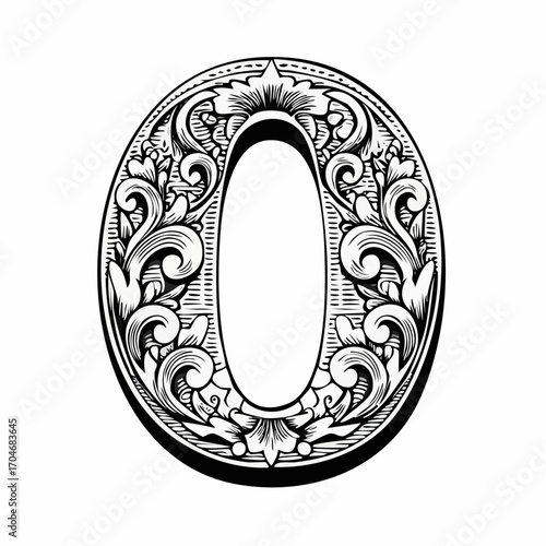 Number zero with 3d bevel classic ornaments, engraving, and linocut style illustration