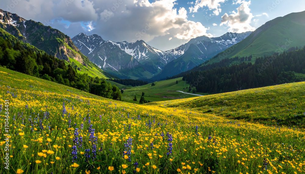 Fototapeta premium Pastel Wildflower Valley with Mountain View
