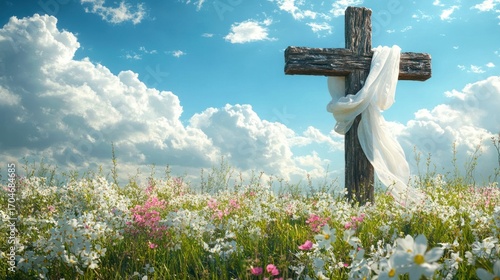 Wallpaper Mural Rustic wooden cross draped with white cloth stands in a colorful blooming wildflower field under a bright blue sky with fluffy clouds Torontodigital.ca