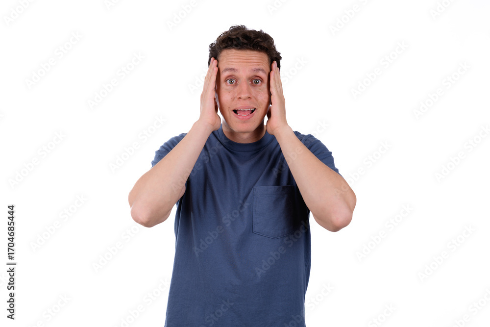Naklejka premium man in blue shirt surprised, white background