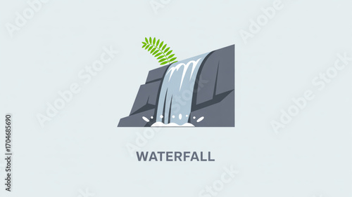Beautiful waterfall landscape illustration with green leaf nature scenery cascade flowing water design vector 100