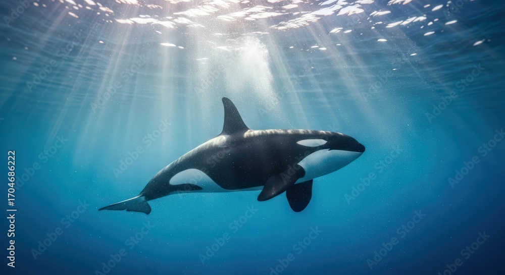 Obraz premium Majestic orca swimming peacefully beneath sunlit ocean surface captivating marine beauty