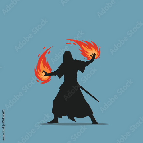 Silhouette Vector Illustration of Fire Manipulator with Flaming Hands in Dark Heroic Style