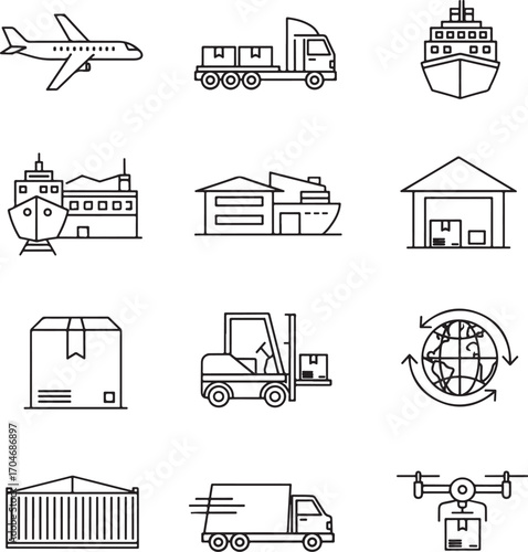 Collection of outline icons for shipping and logistics services airplane truck