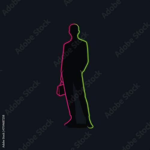 Neon Silhouette Vector Illustration of Business Person with Handbag in Minimalist Modern Style with Bright Pink and Green Colors