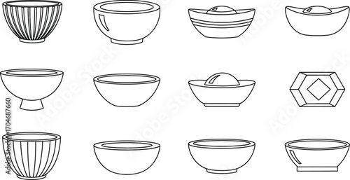 Collection of simple line art bowls and traditional Chinese gold ingots