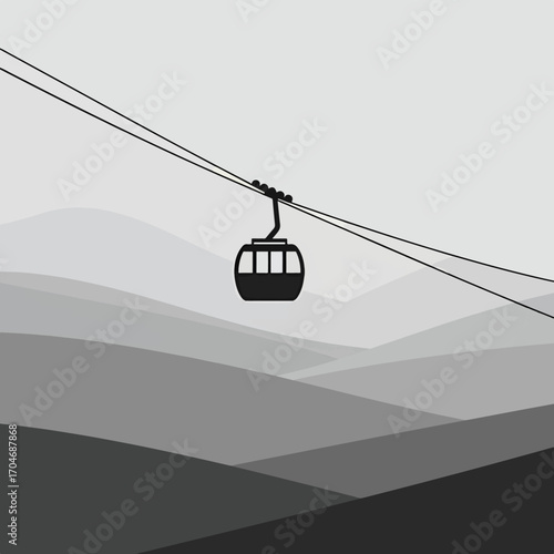 Minimalist Vector Illustration of Cable Car in Mountain Landscape in Monochrome Style