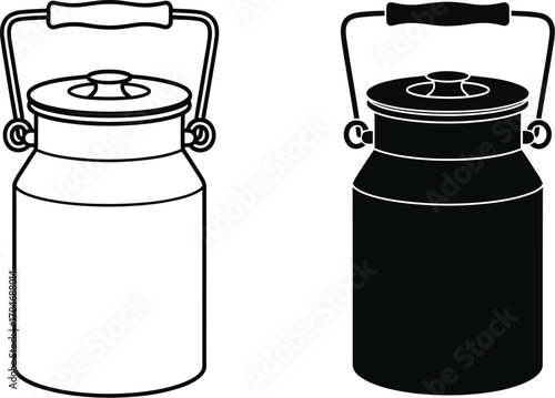Vintage milk cans, one white outline and one black silhouette, representing traditional dairy.