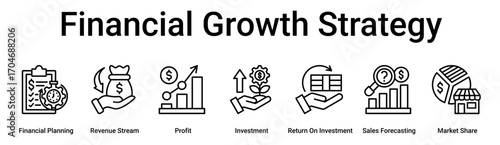 Financial Growth Strategy banner web icon vector illustration concept for business with icon of Financial Planning, Revenue Stream, Profit, Investment, Return On Investment, Sales Forecasting, Market.