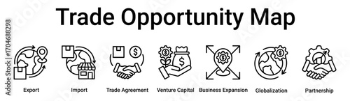 Trade Opportunity Map banner web icon vector illustration concept for business with icon of Export, Import, Trade Agreement, Venture Capital, Business Expansion, Globalization.