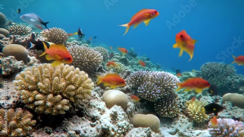 Vibrant Coral Reef teeming with colorful Anthias fish underwater scene.