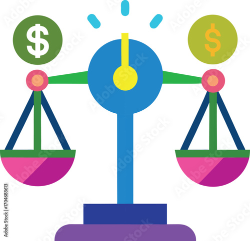 Colorful Illustration of Balancing Scale with Dollar Signs Symbolizing Financial Equilibrium and Monetary Considerations in Business Decisions